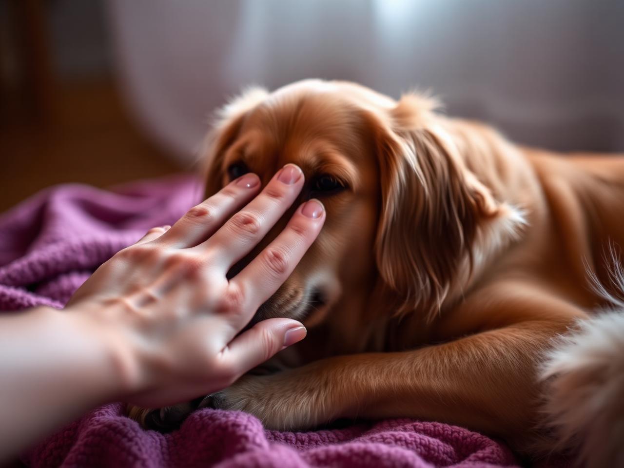 Main posée avec douceur près d'un chien allongé lors d'un soin énergétique animalier